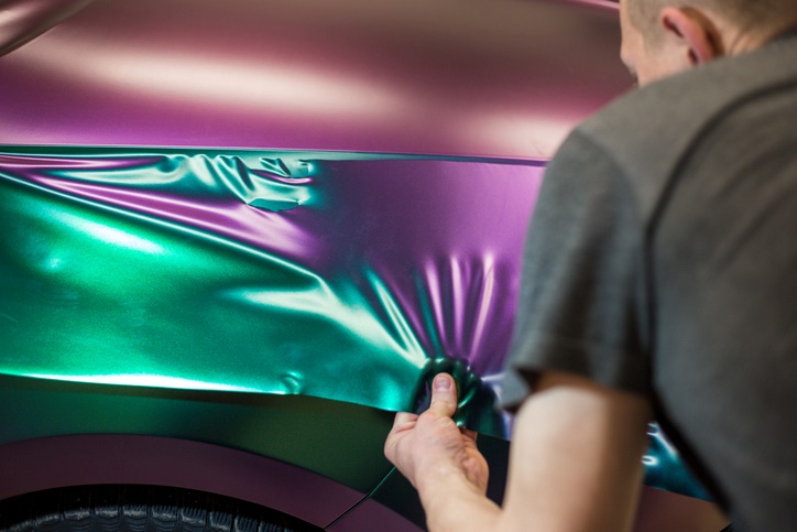 Vinyl wrap installation on a vehicle with color-change film in Portland, OR
